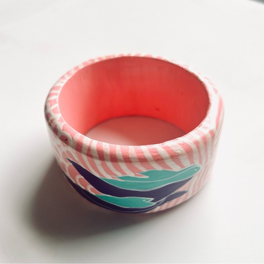 Vintage Hand Painted Wood Bangle Bracelet Pink Blue Abstract Botanical Chunky - Picture 5 of 12